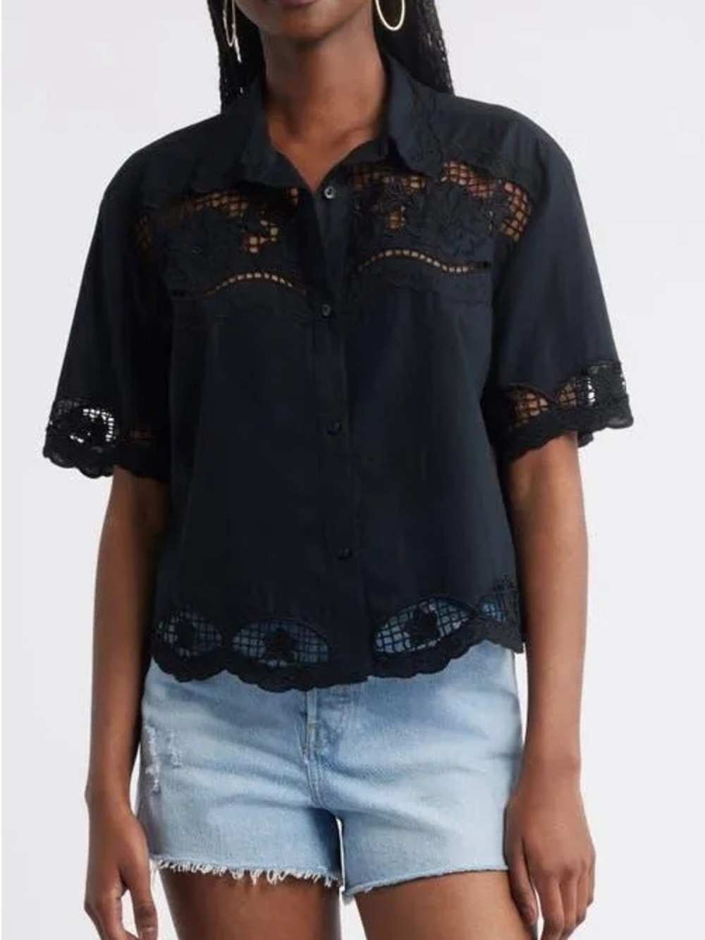 Treasure & Bond Black Crochet Lace Button-Front Shirt